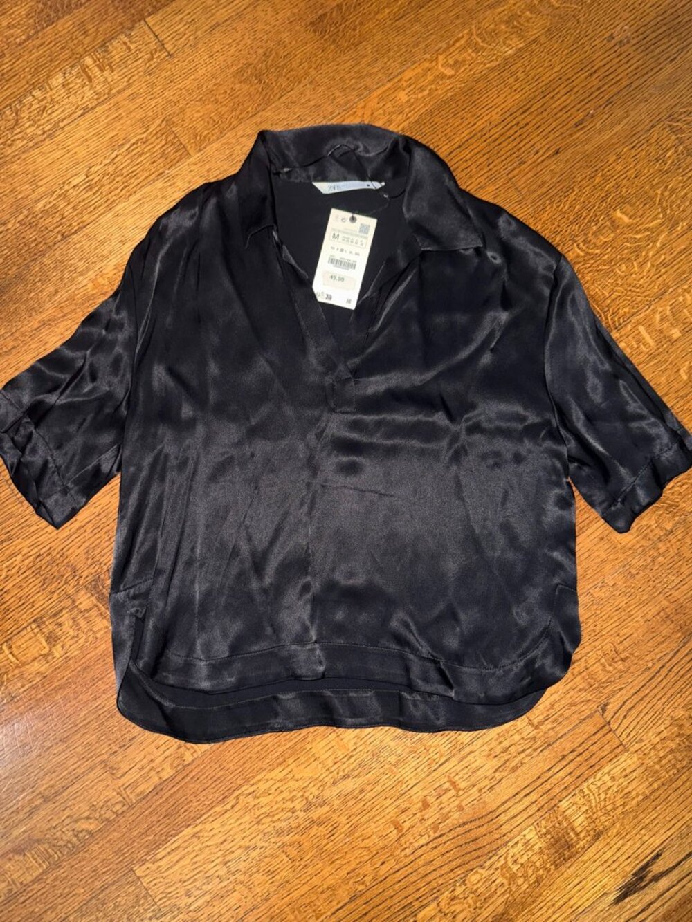 NWT Zara Black Flowy Satin Effect Short Sleeve Blouse